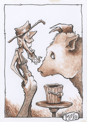 Humorous illustration of a farmer and a bull