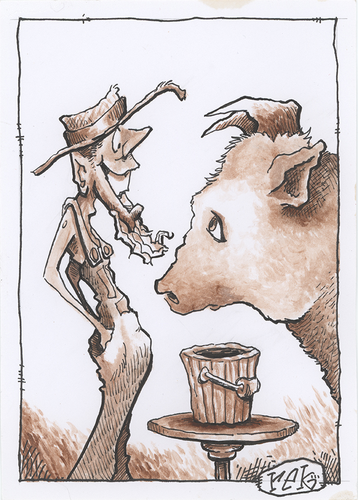 Humorous illustration of a farmer and a bull